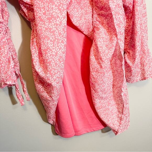 Influence Women's Pink Floral Crew Neck Shirred Sleeve Tiered Mini Dress Size 8 - Picture 14 of 16